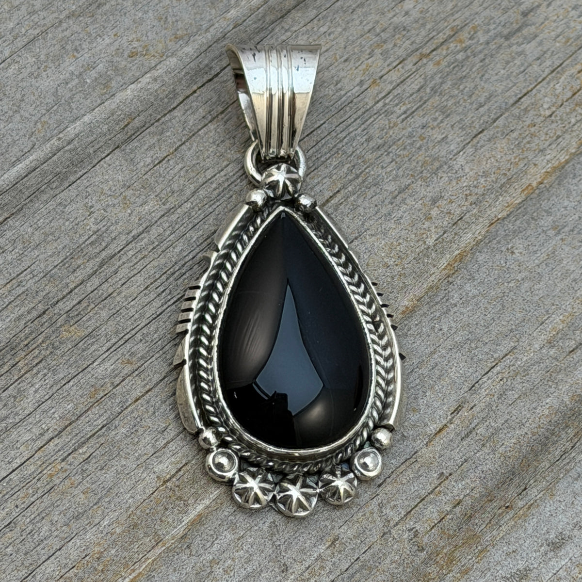 Black onyx teardrop pendant Sterling Silver Daniel Benally Navajo