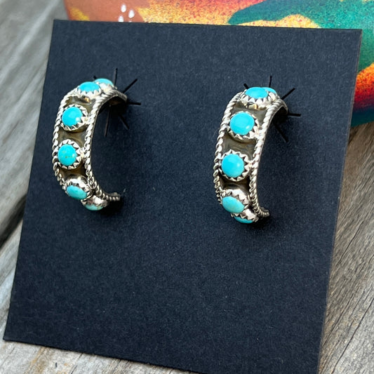 Turquoise snake eye dot 3/4" hoop earrings sterling silver Falencia Yazzie Navajo handmade