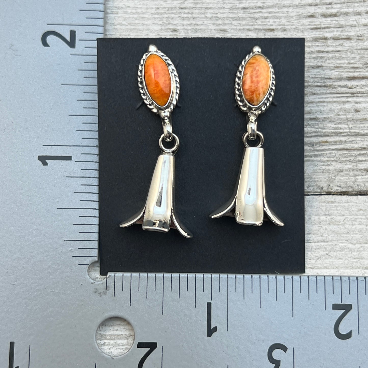 Orange Spiny Squash Blossom dangle earrings sterling silver turquoise Sheena Jack 412