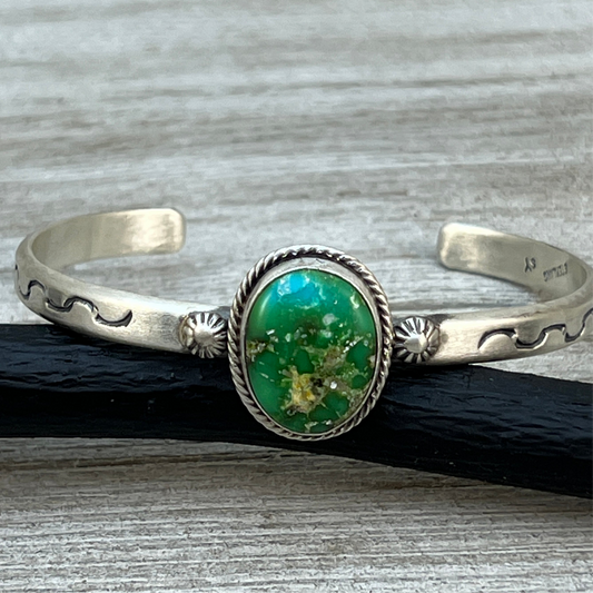 6.75 Green Sonoran Gold turquoise Cuff Bracelet, Sterling Silver Navajo Samuel Yellowhair