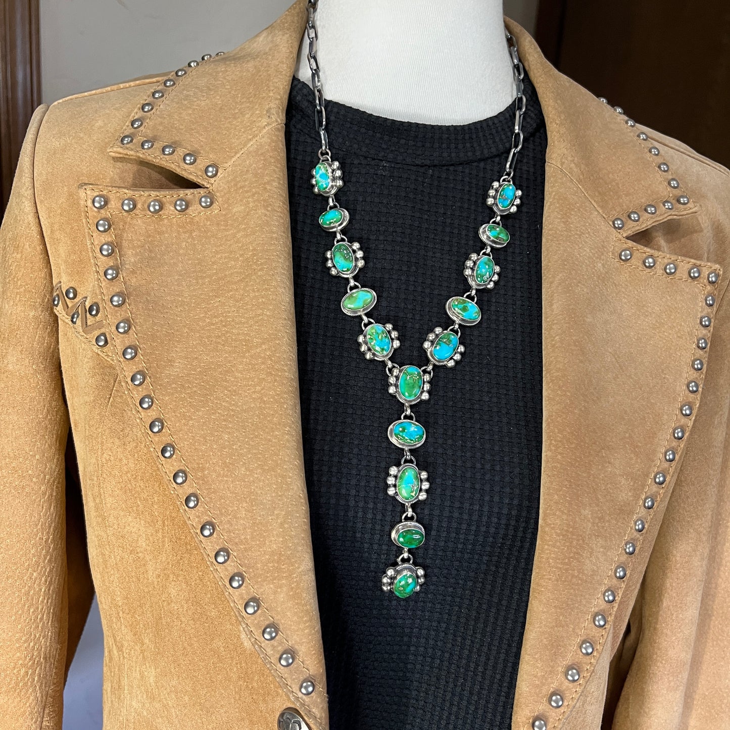 Polychrome Sonoran Turquoise Lariat Necklace Sterling silver Kathleen Livingston