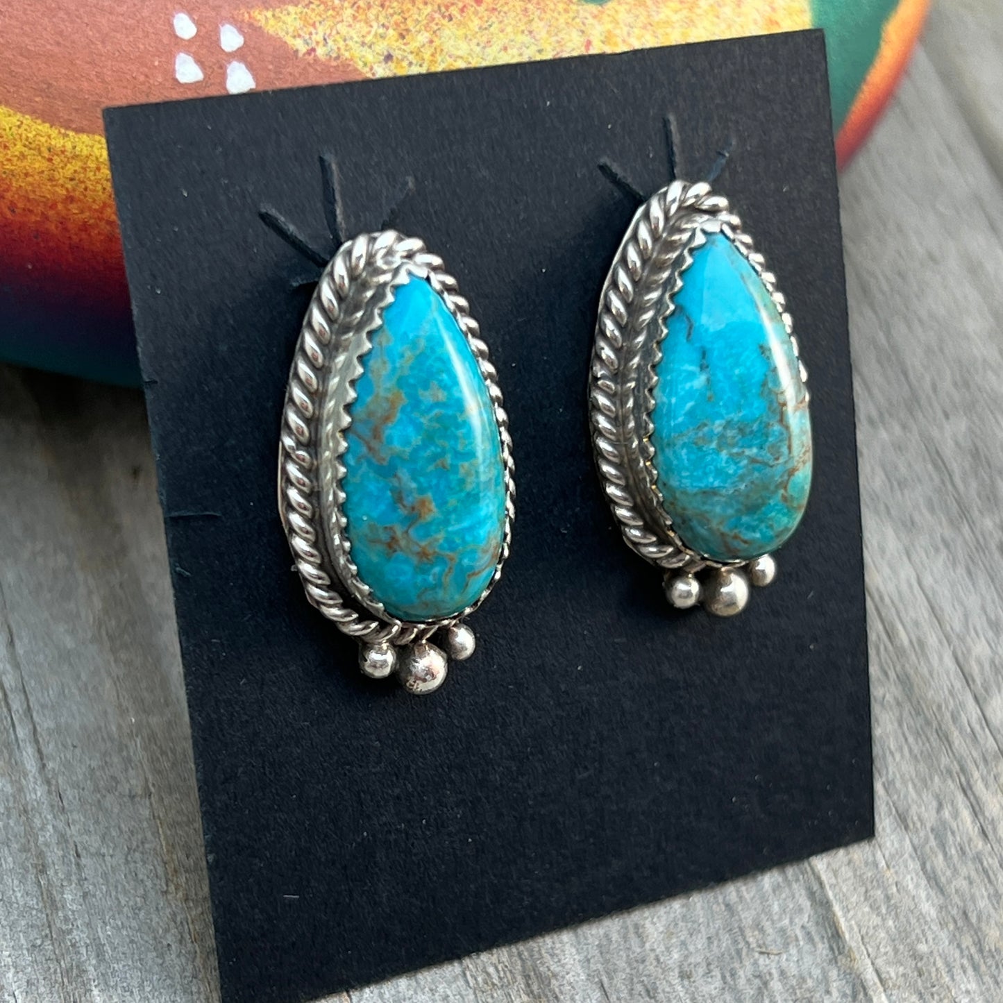 Blue Kingman Turquoise Teardrop stud earrings sterling silver Theresa Smith Navajo 718