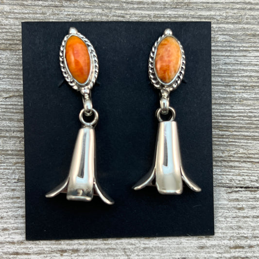 Orange Spiny Squash Blossom dangle earrings sterling silver turquoise Sheena Jack 412
