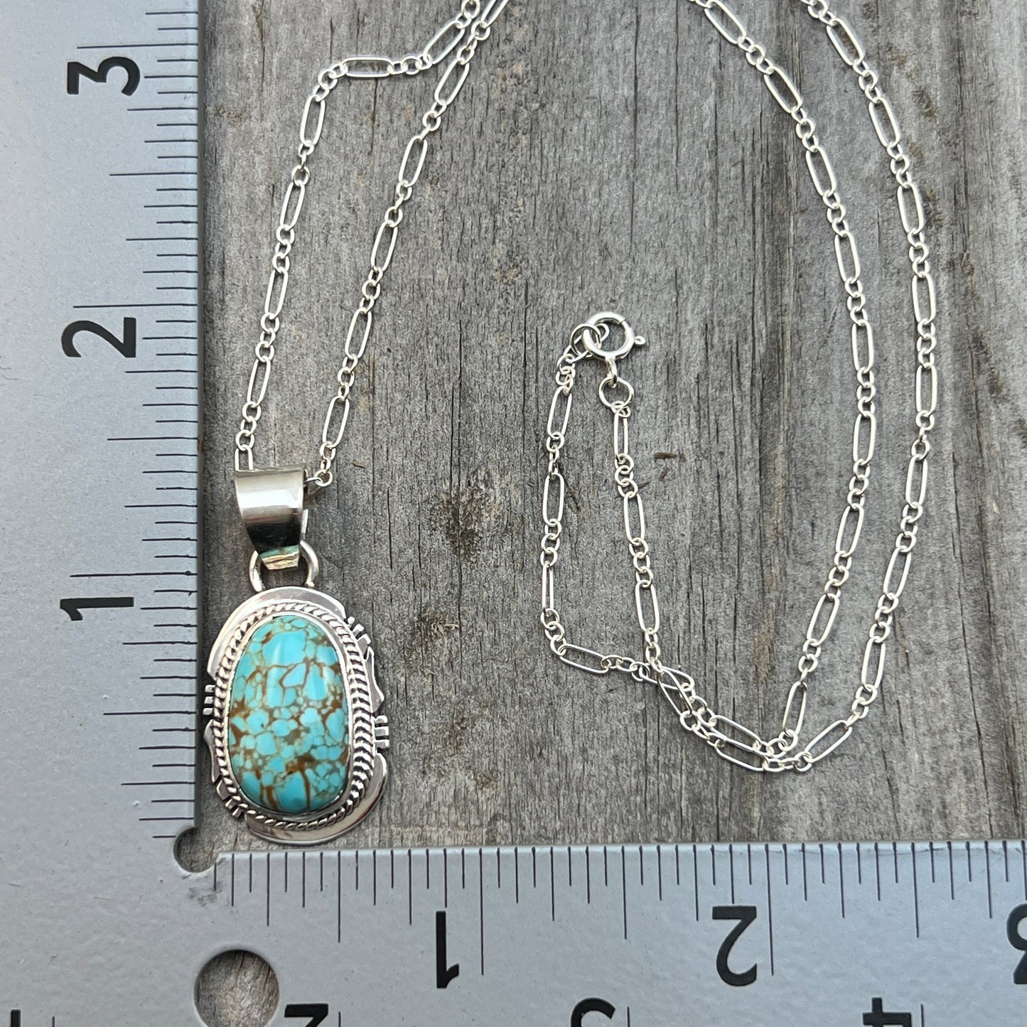 18" Sterling silver #8 Spiderweb turquoise necklace pendant Lucy Valencia Navajo 622