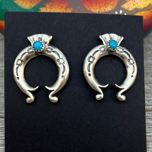 Blue Turquoise Naja stud Earrings Navajo handmade Adrienne Gordan Sterling Silver 1