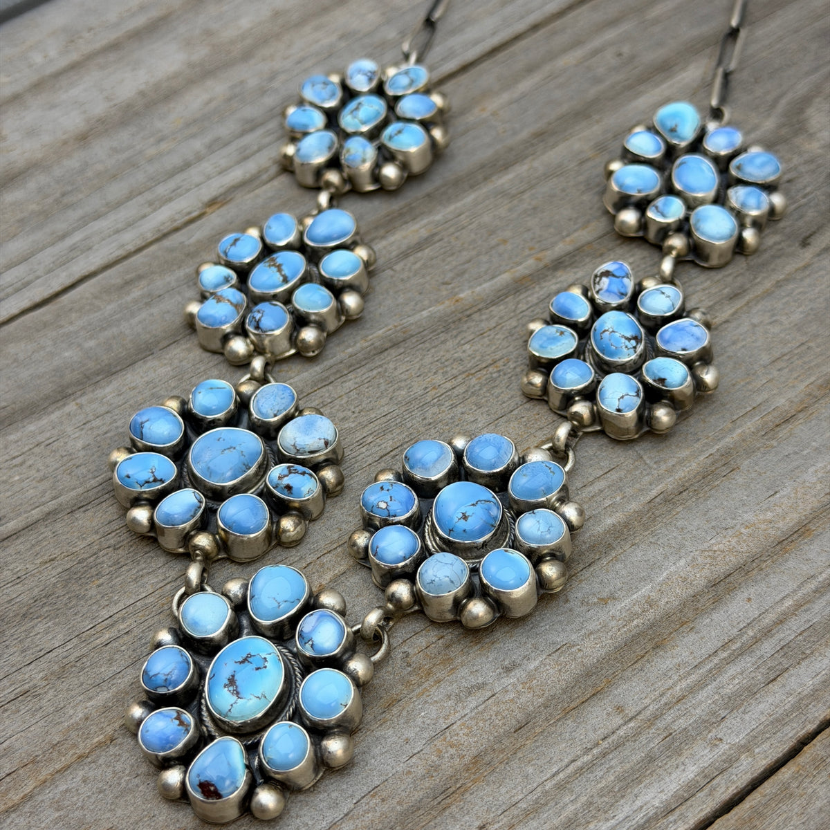 Golden Hills Cluster necklace earrings set Sterling silver Kathleen Livingston Navajo