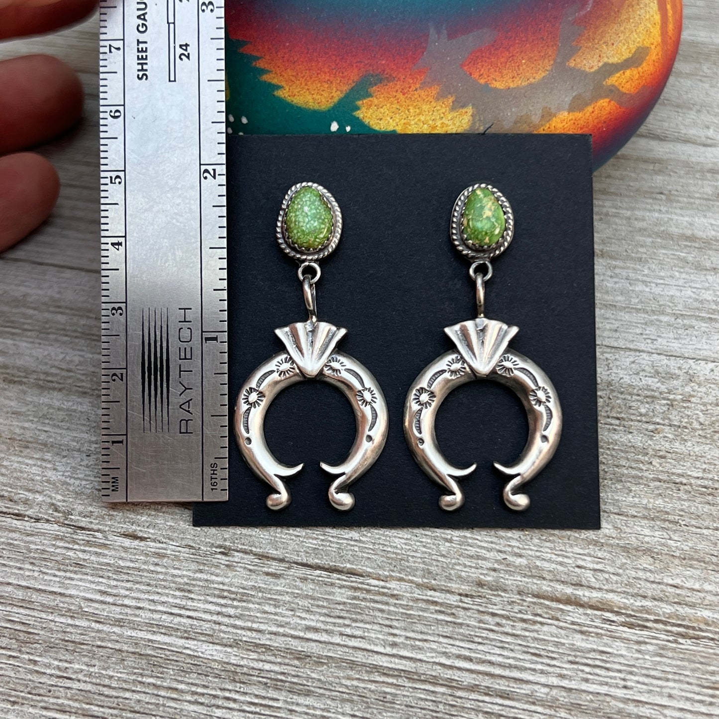 Green Sonoran Turquoise Naja Earrings 5, Navajo Paige Gordon Sterling Silver