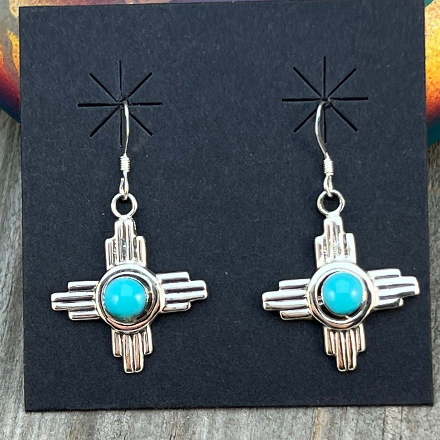 Sterling silver Zia Sun turquoise earrings Franklin Johnson Navajo 685
