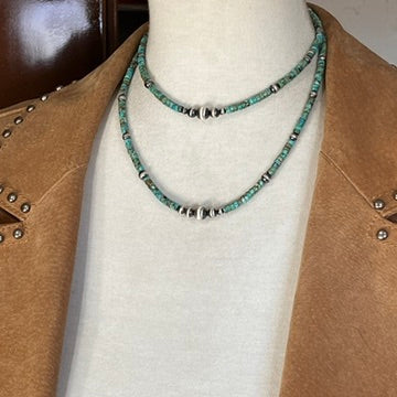 4mm Kingman Turquoise Heishi Necklace with Sterling silver Oxidized Pearls, Southwest Western Jewelry