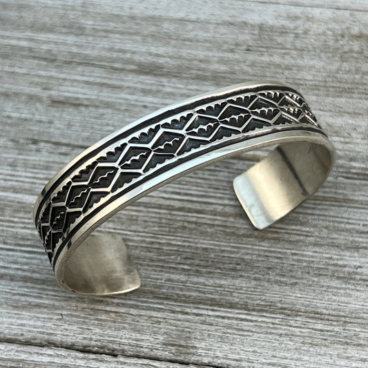 6.5" Sterling silver hand stamped Cuff Bracelet Navajo Leonard Maloney signed boho