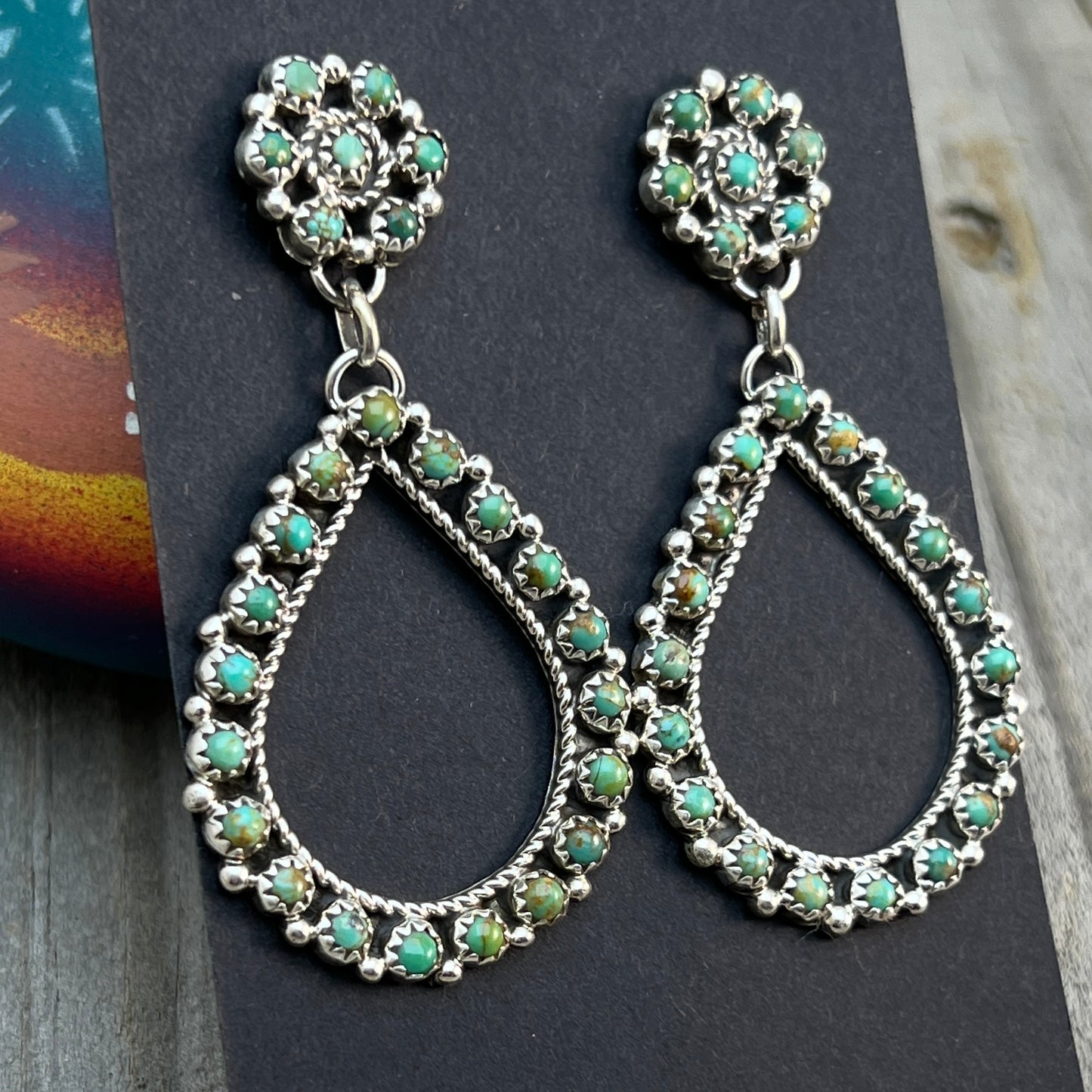 Green Turquoise snake eye dot earrings sterling silver Falencia Yazzie Navajo handmade 708