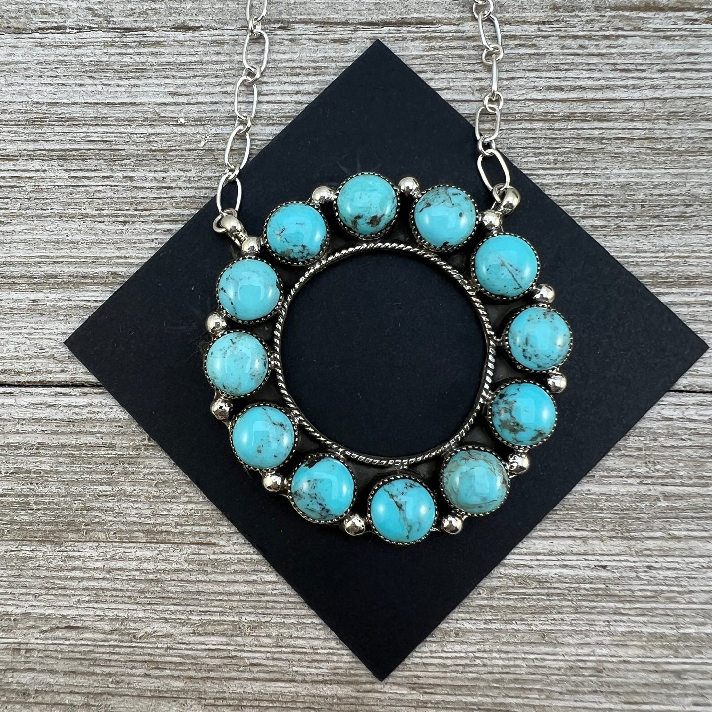 Kingman turquoise eternity open circle multi stone necklace 21", Navajo handmade Loretta Delgarito, sterling silver