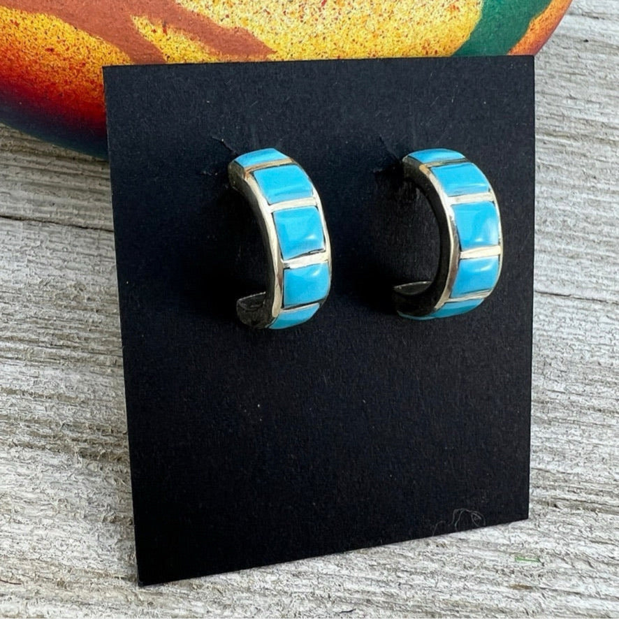 Small 1/2" Turquoise inlay Hoop Earrings, Zuni handmade by Glennetta Luna, sterling silver