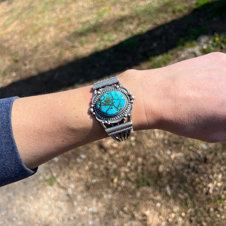 6 1/2" - 6 7/8", Kingman spiderweb turquoise, cuff bracelet #3, Navajo handmade signed, Tom Lewis sterling silver, statement