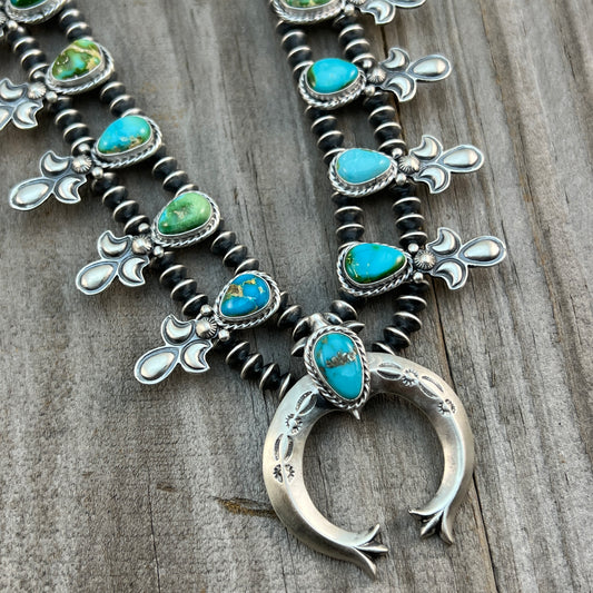 Sonoran Green Turquoise Small Squash Blossom Necklace Adrienne Gordon Navajo 514