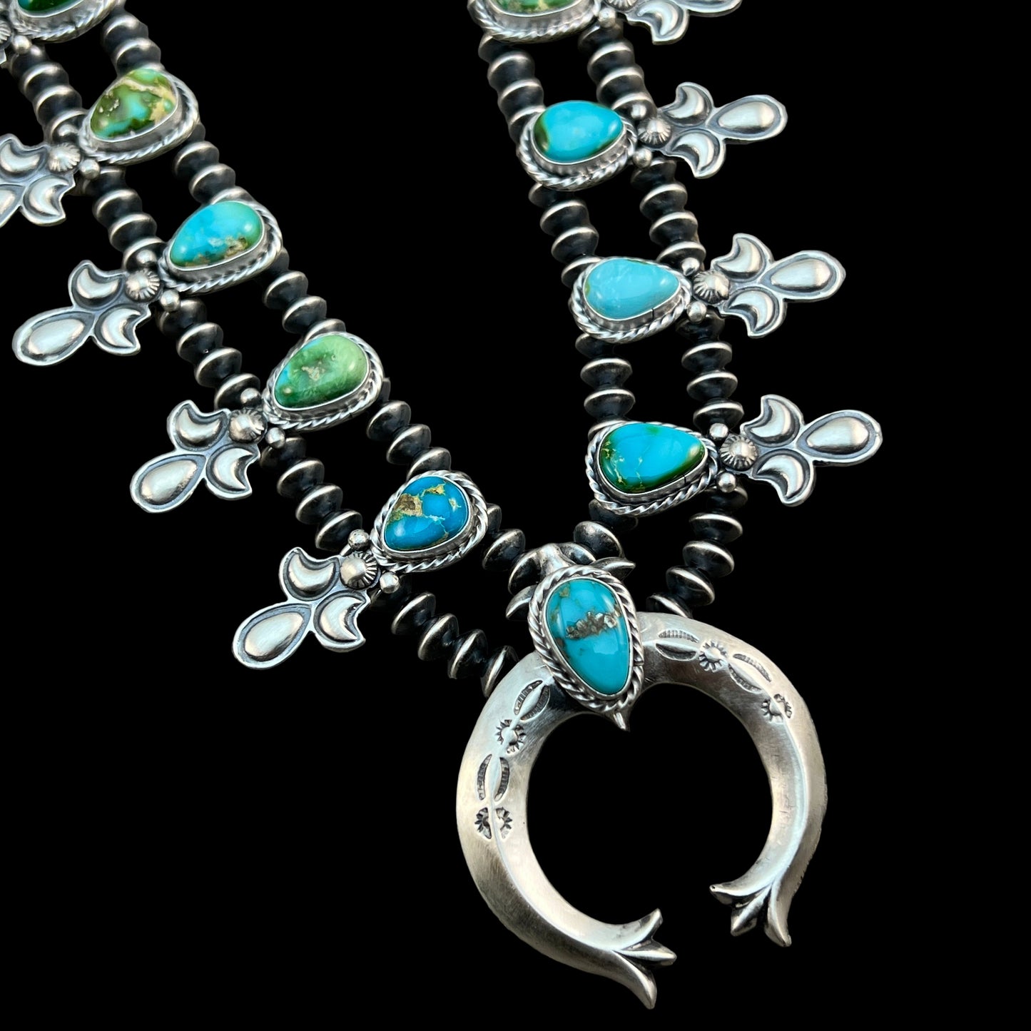 Sonoran Green Turquoise Small Squash Blossom Necklace Adrienne Gordon Navajo 514