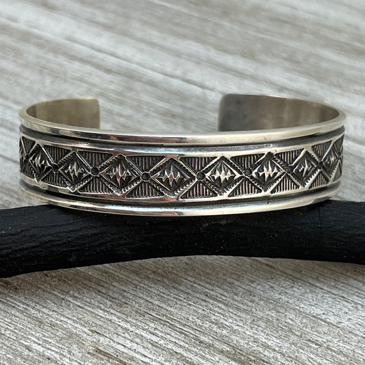 6.5" Sterling silver hand stamped Cuff Bracelet Navajo Leonard Maloney signed boho