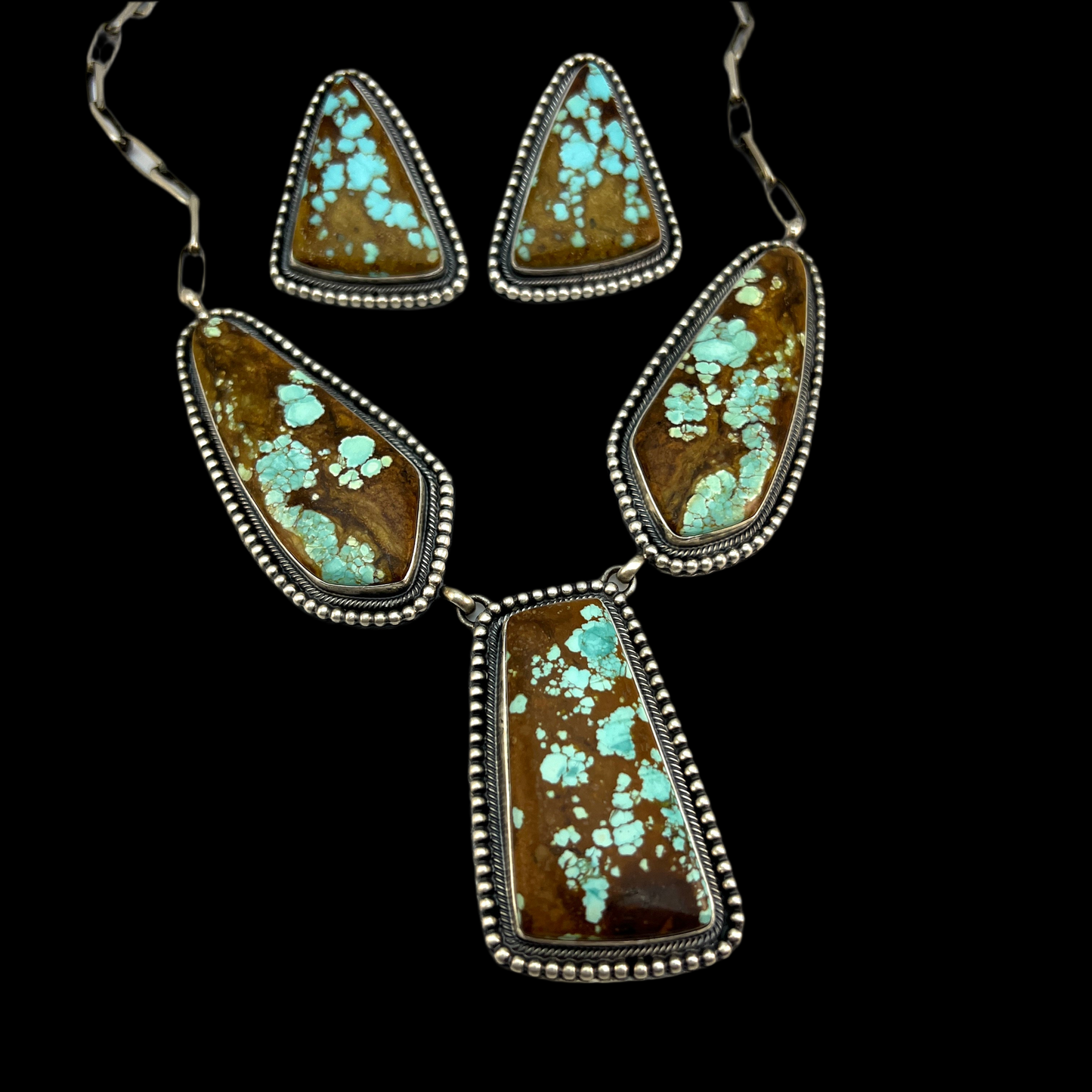 #8 Turquoise Station Necklace Earrings Set Sterling Silver Navajo Darrin Livingston 642