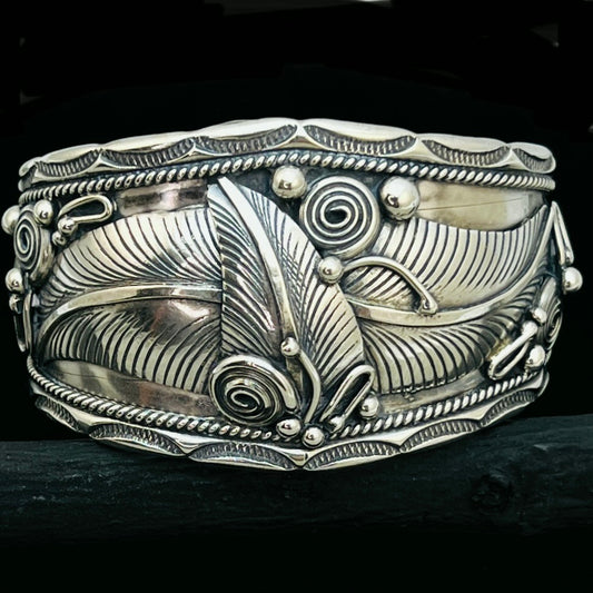7" all silver floral Cuff Bracelet Navajo Darrell Morgan signed western floral design BR78