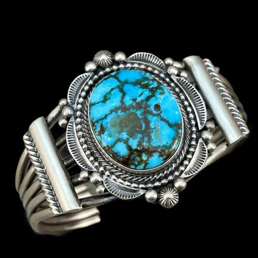 6 1/2" - 6 7/8", Kingman spiderweb turquoise, cuff bracelet #3, Navajo handmade signed, Tom Lewis sterling silver, statement