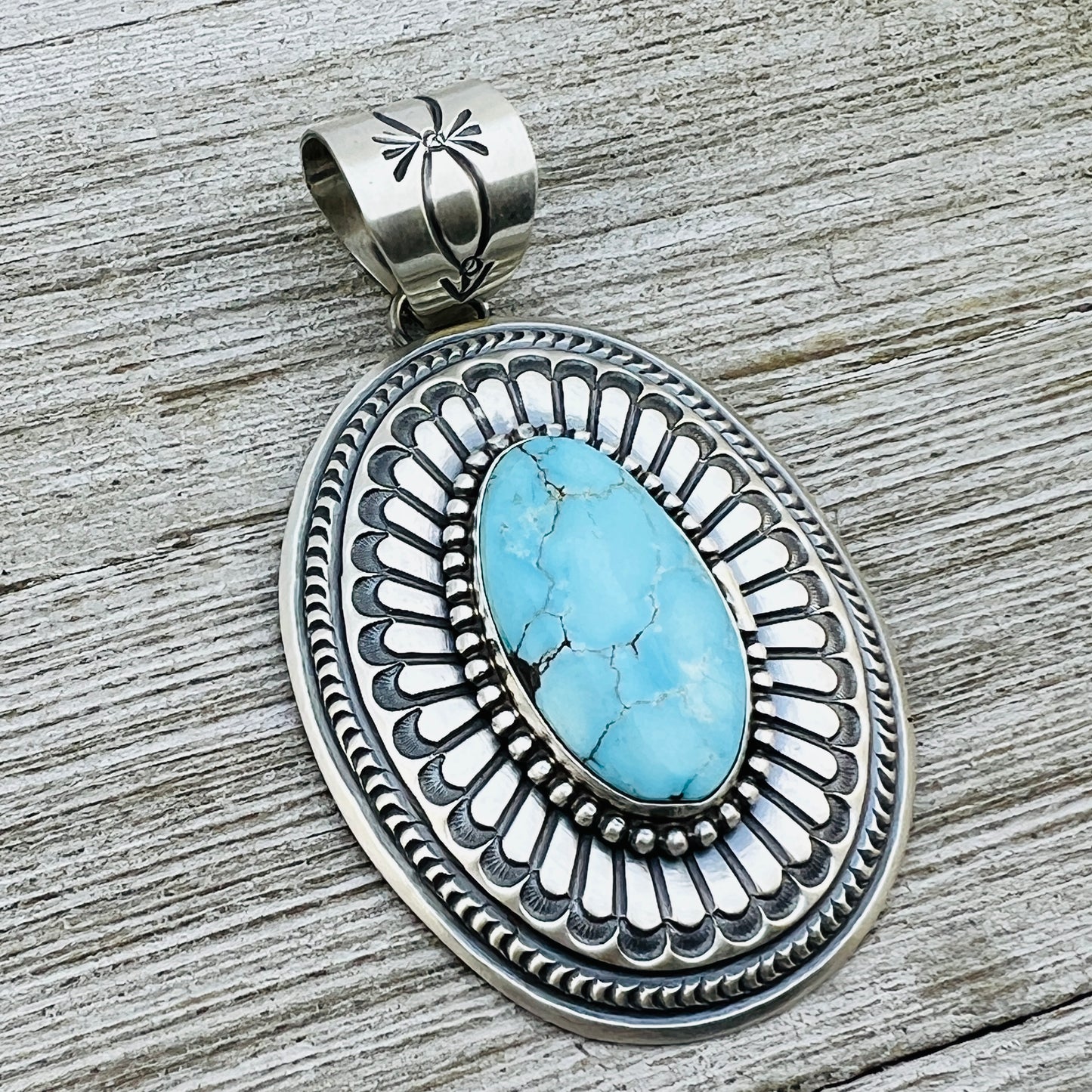 Natural Egyptian Light Blue Turquoise Stamped concho pendant Arnold Blackgoat Sterling silver