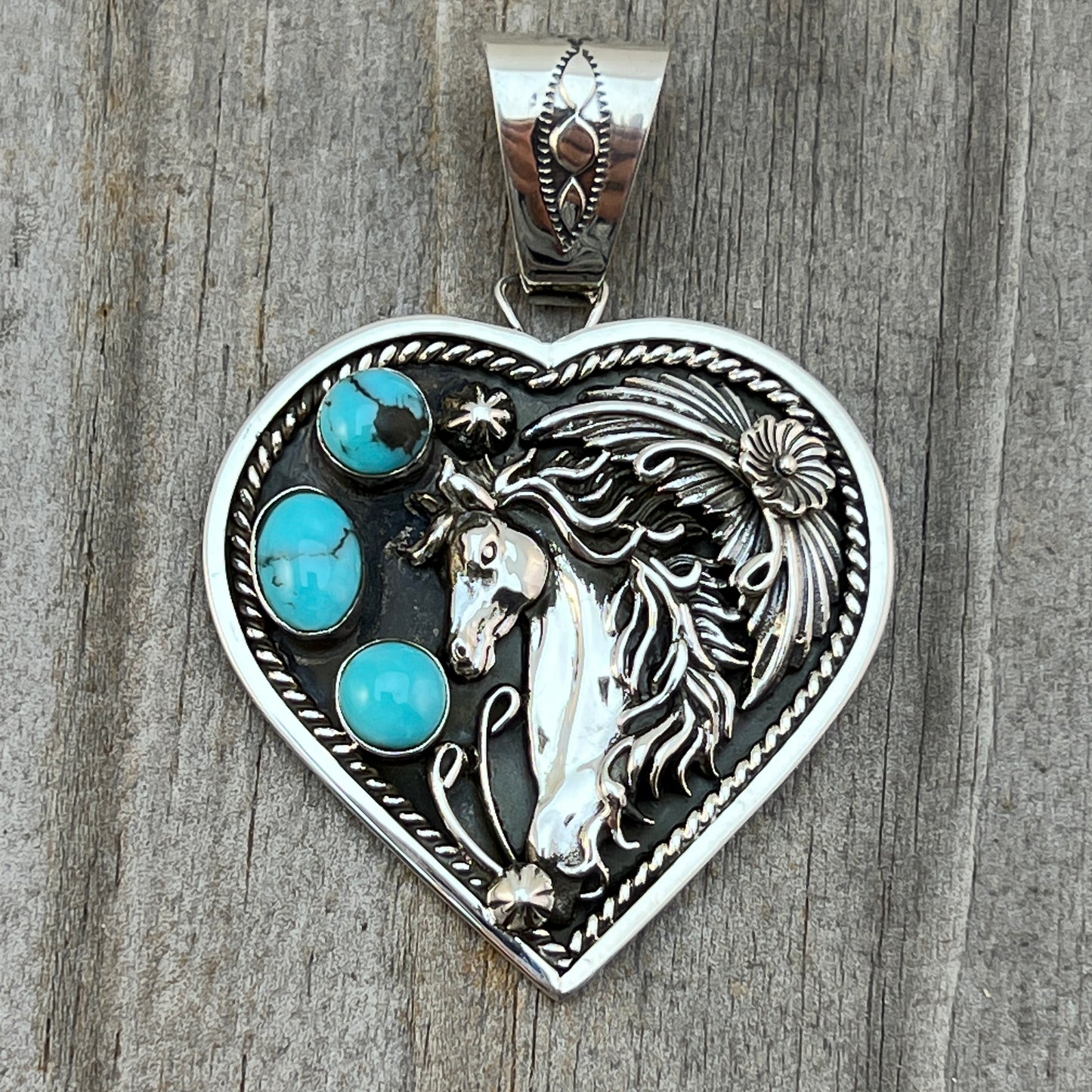 Blue Kingman turquoise horse heart pendant sterling silver Jennifer Cayaditto Navajo 816