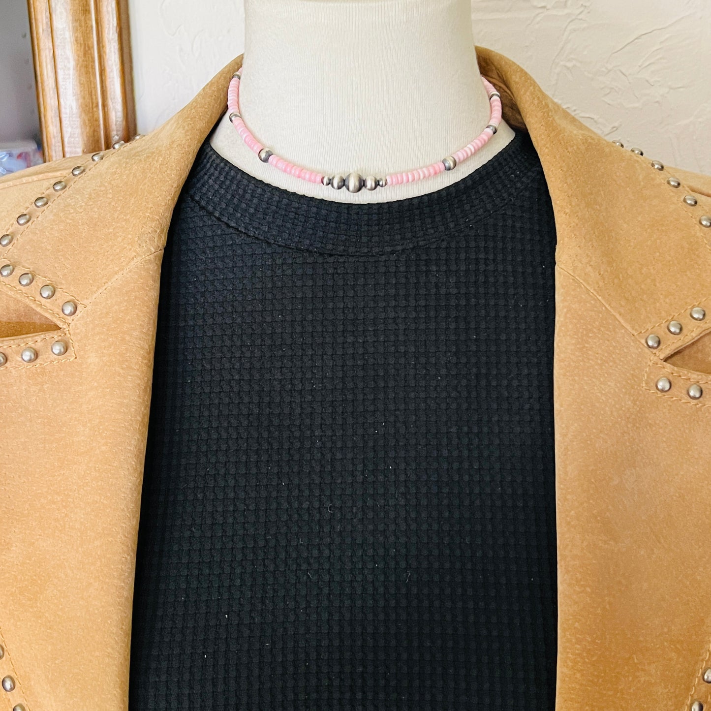 13" 14" 15" 16" 17" adjustable choker, Real Sterling Silver, oxidized, Pink Conch Bead Necklace, Western Boho Pearl