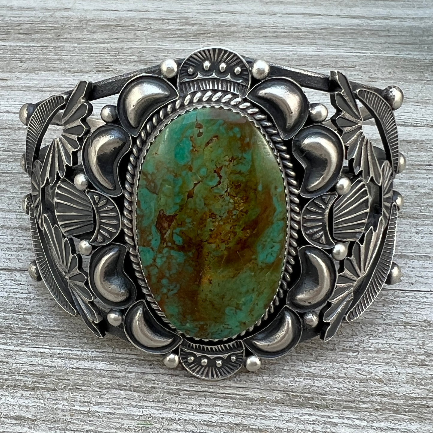 6.75" Large Green Turquoise Cuff Bracelet, Kevin Billah Navajo sterling silver