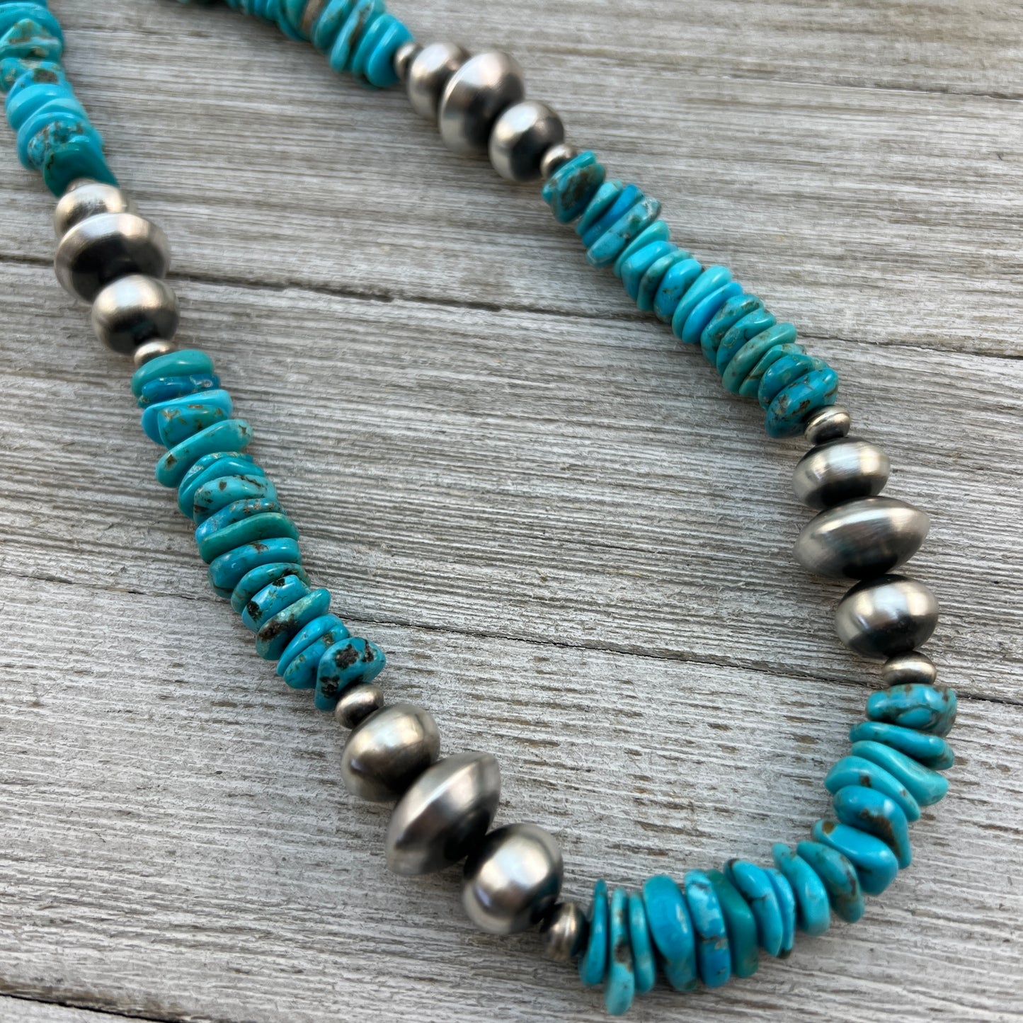 30” long blue turquoise bead nuggets necklace #4, sterling silver handmade Navajo pearls