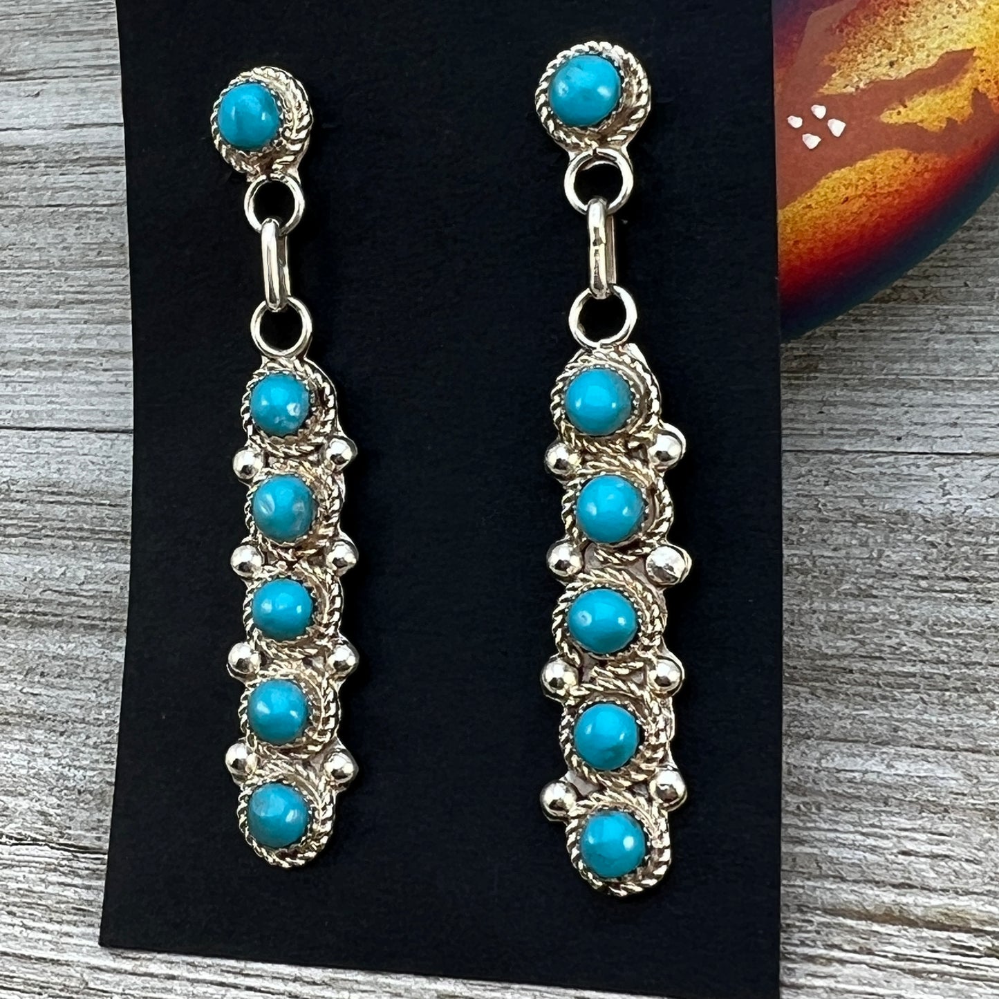 Turquoise Zuni Large Snake Eye bar drop earrings #2, Sterling silver