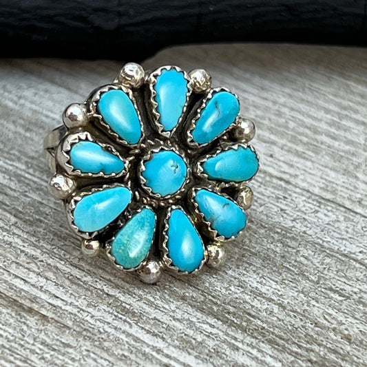 Size 7.25 Blue Turquoise Round Cluster Ring Navajo handmade Sterling Silver Alicia Wilson