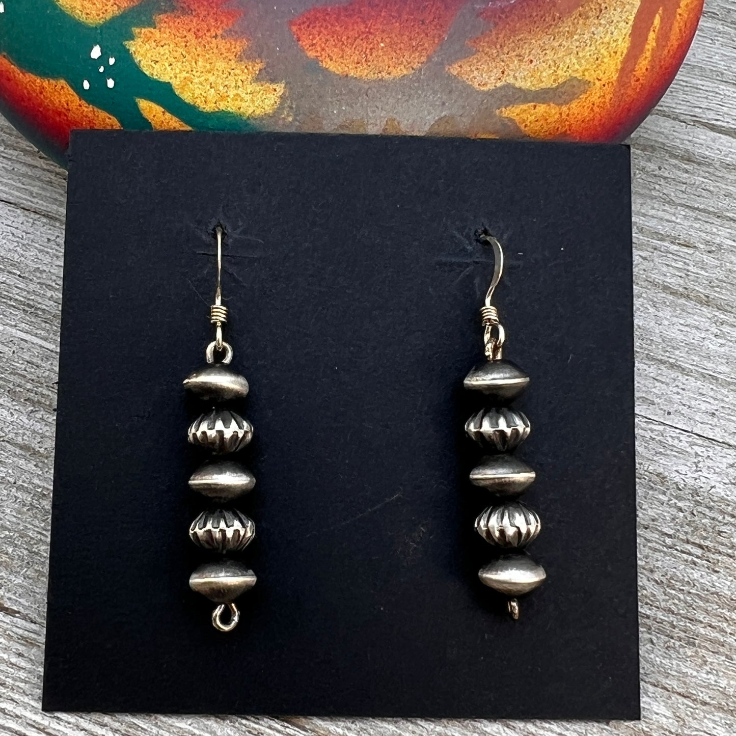 Sterling silver, Navajo pearl earrings, real handmade beads, corrugated saucer, Preston Haley