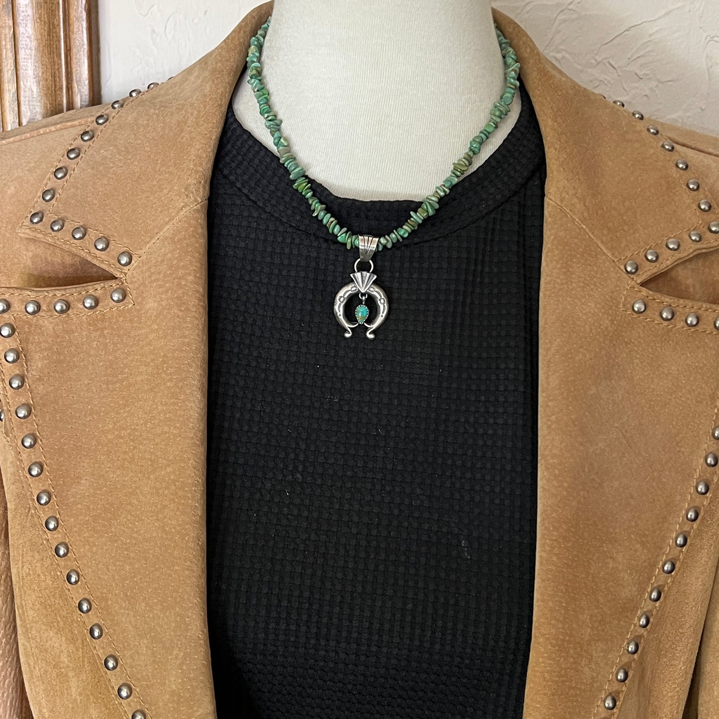 17" green turquoise nugget necklace Sterling silver naja pendant Navajo Sharon McCarthy 643