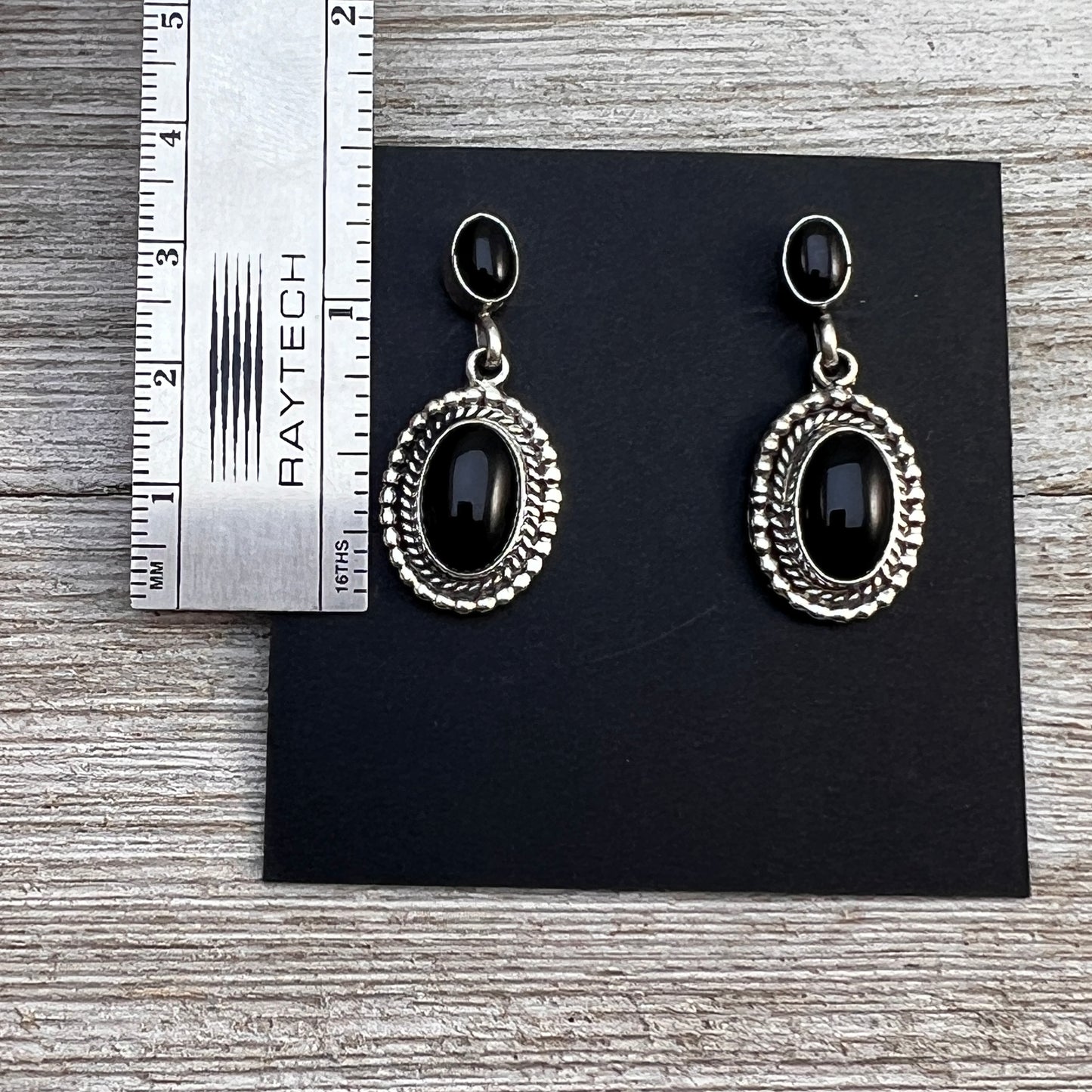 Modern Black Onyx post drop earrings, sterling silver Navajo, Verley Betone