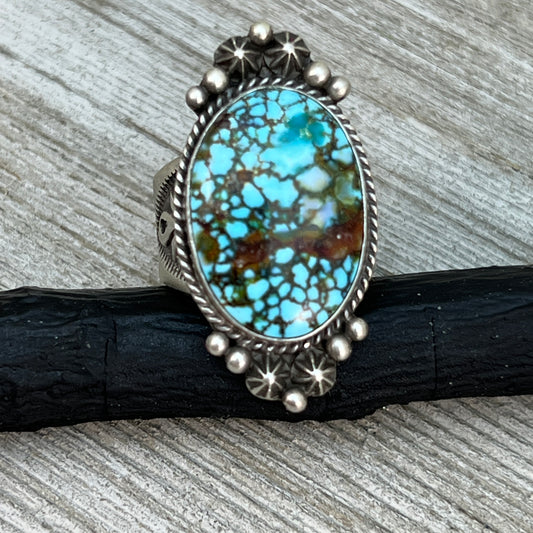 Size 8.5 Spiderweb Kingman Turquoise Ring Navajo handmade Samuel Yellowhair