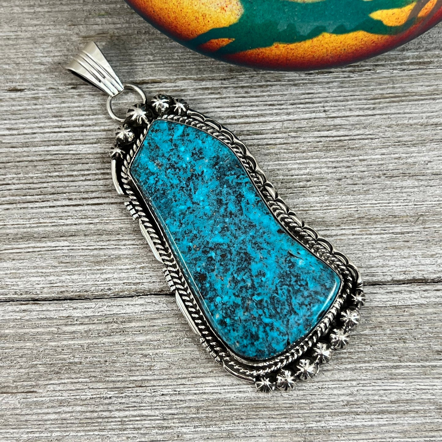 XL extra large, Blue Kingman turquoise pendant #5, Navajo handmade Rita Long, sterling silver, signed