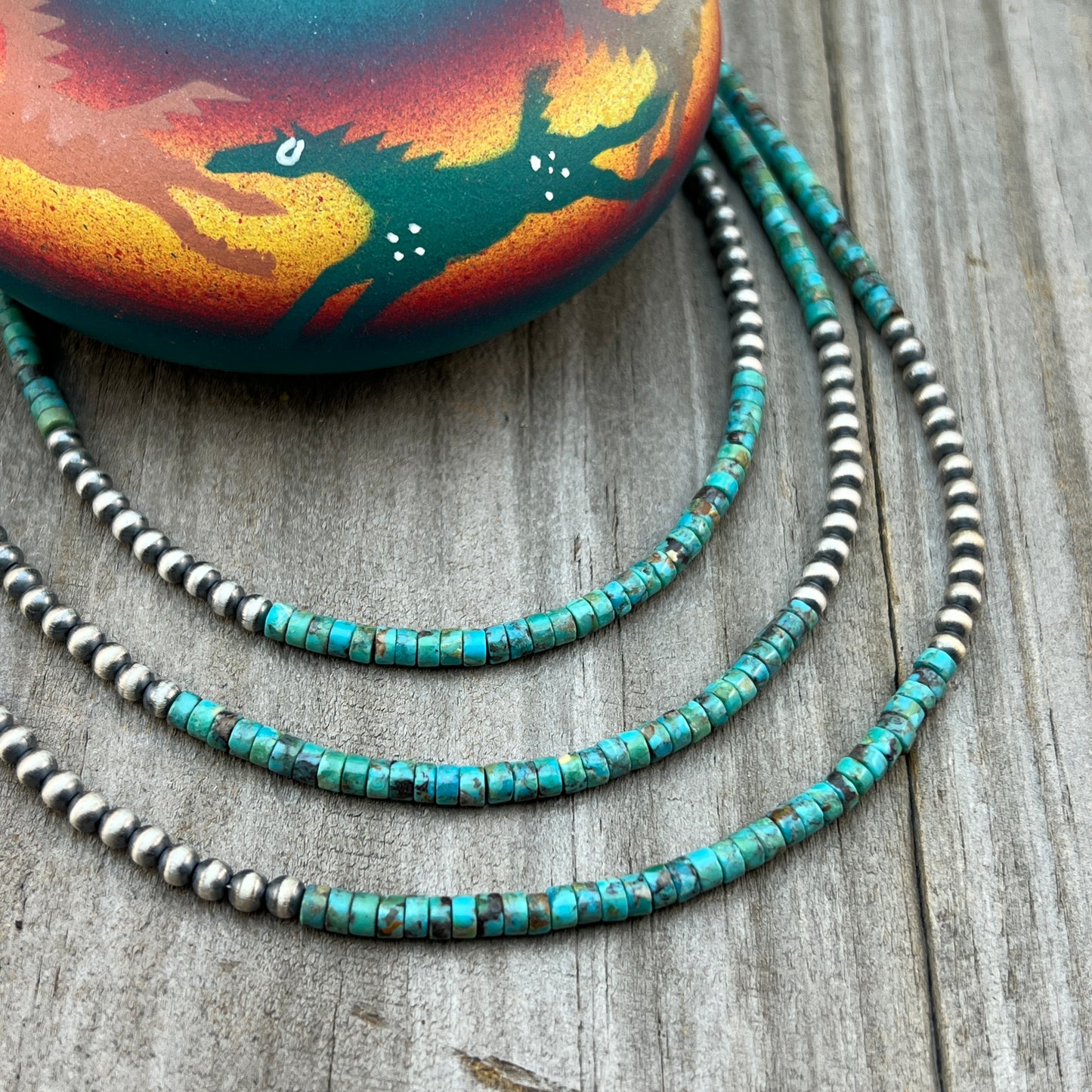 Real 925 sterling silver, 4mm Genuine Turquoise Heishi Necklace Oxidized Rustic Western Pearl Jewelry