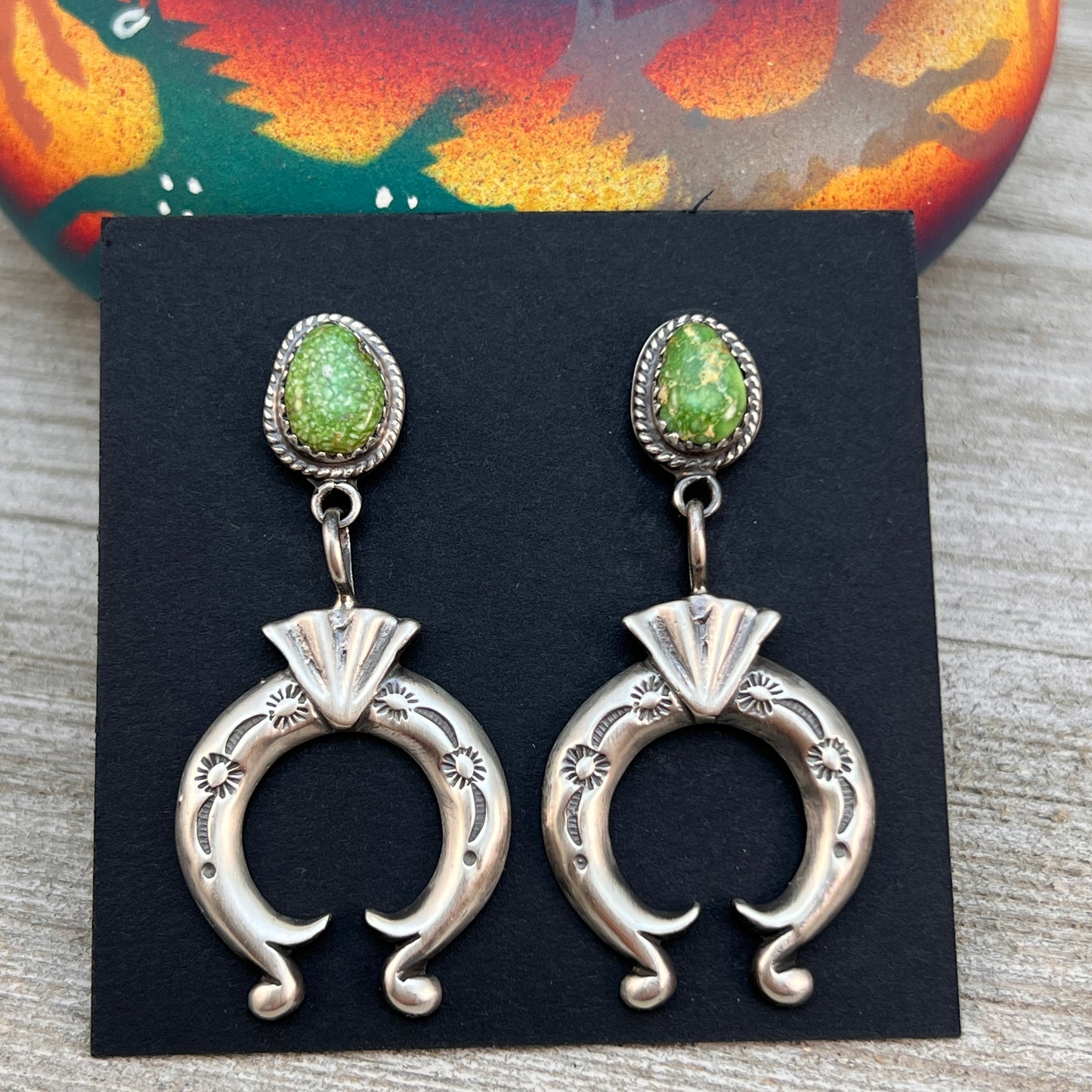 Green Sonoran Turquoise Naja Earrings 5, Navajo Paige Gordon Sterling Silver