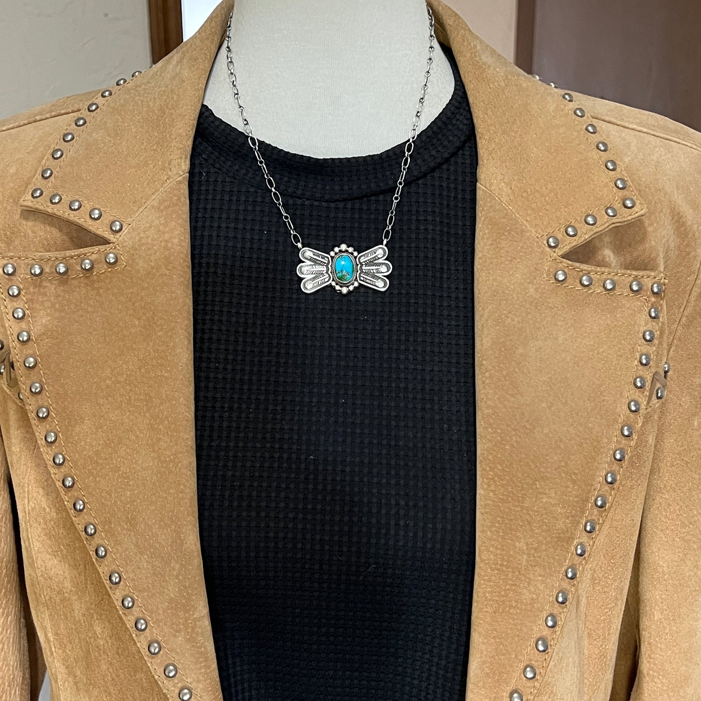 17 1/2"Sonoran Turquoise Necklace Feather sterling silver Navajo Verley Betone boho 5