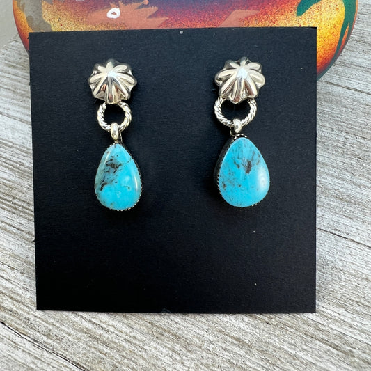 Turquoise teardrop dangle earrings #1 with small concho button post, sterling silver, Kingman Turquoise, Navajo handmade by Sheena Jack