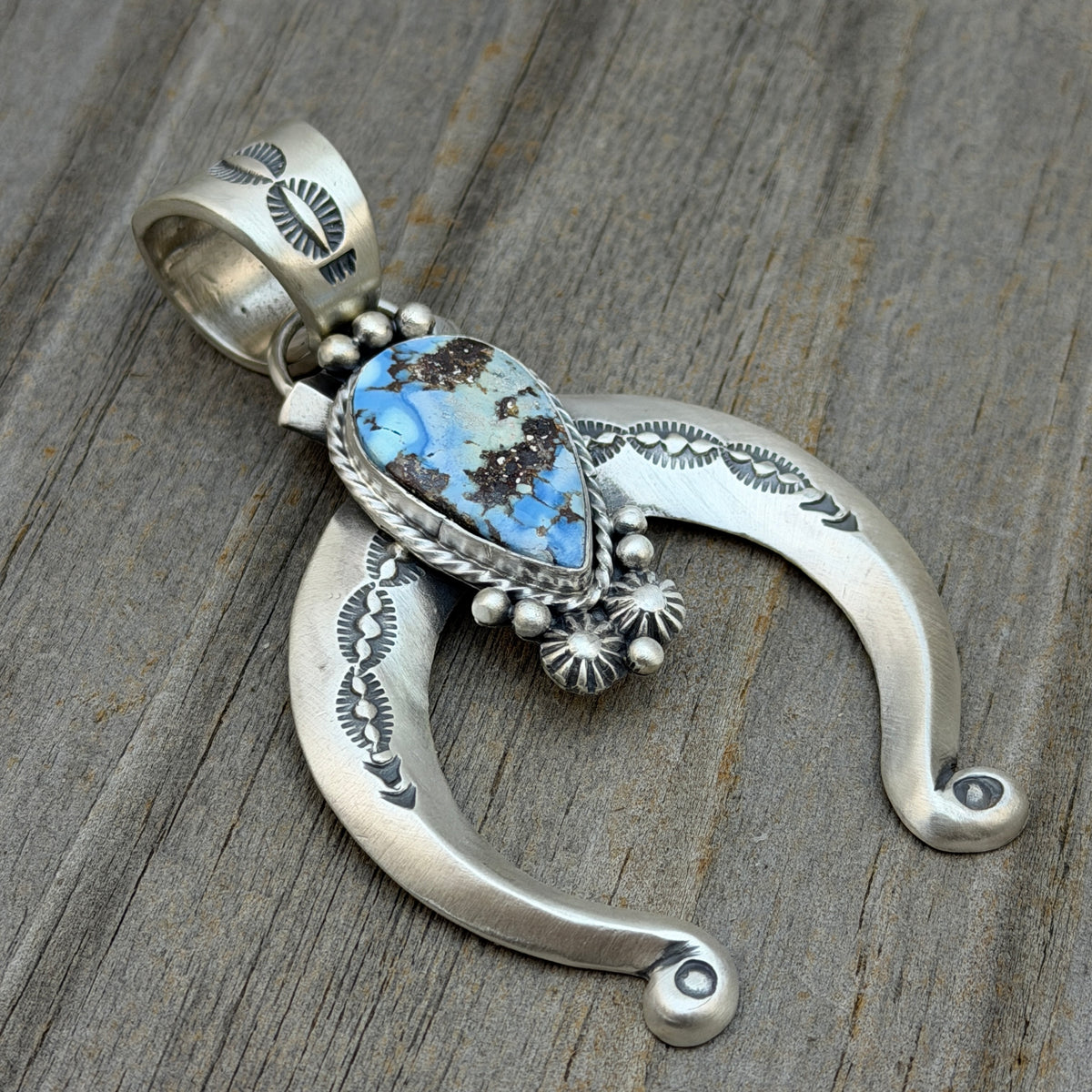 Golden Hills Turquoise Naja Pendant  sterling silver Samuel Yellowhair Navajo Handmade PD8