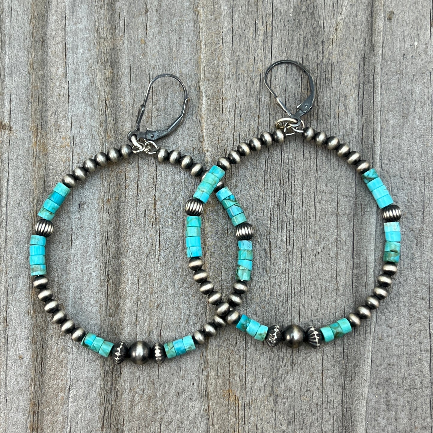 Blue Kingman Turquoise skinny hoop earrings Sterling silver Western pearls  804