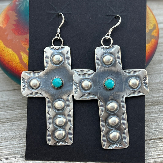 Navajo handmade large cross dangle earrings sterling silver turquoise Tim Yazzie 398