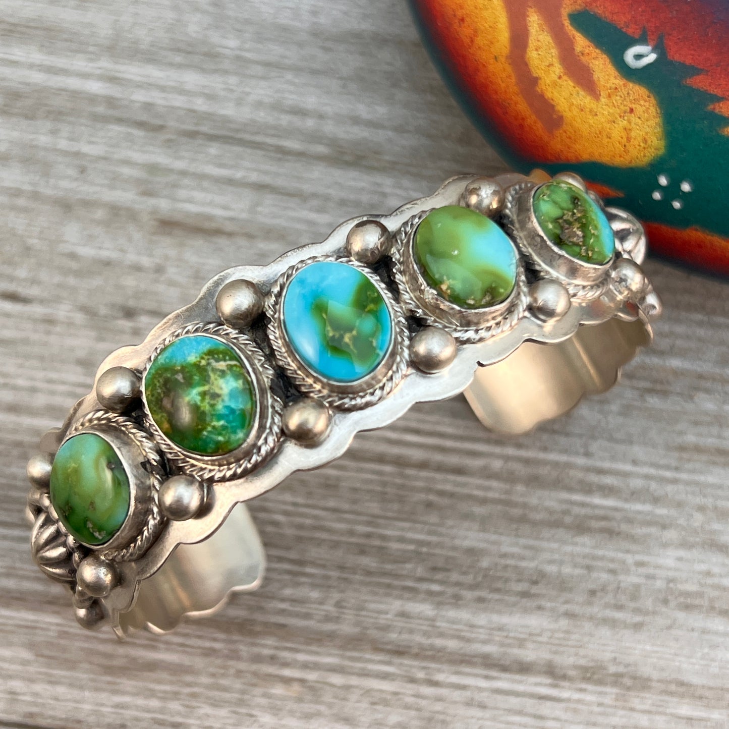 6 1/2" - 6 3/4" Sonoran Turquoise 5 stone Cuff Bracelet 2, Navajo TOM LEWIS Sterling silver