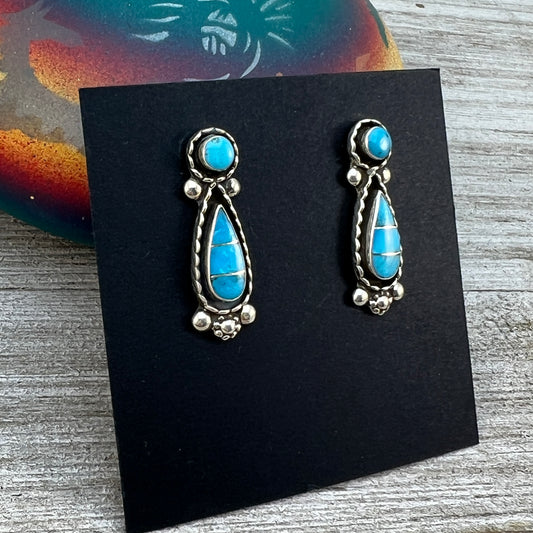 Sterling silver turquoise inlay teardrop stud earring #2, simple design Carina Leekity