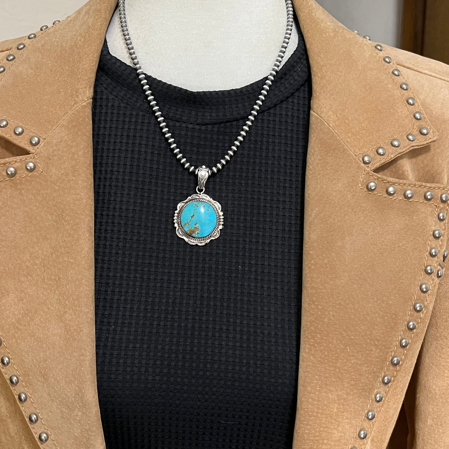 Kingman Turquoise Pendant Sterling silver Navajo handmade Jeremy Delgarito 763