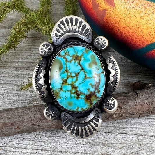 Size 7.5 / C Beautiful High Grade, Blue, Kingman spiderweb Turquoise ring, Heavy handmade by Navajo artist, Gilbert Tom, signed,
