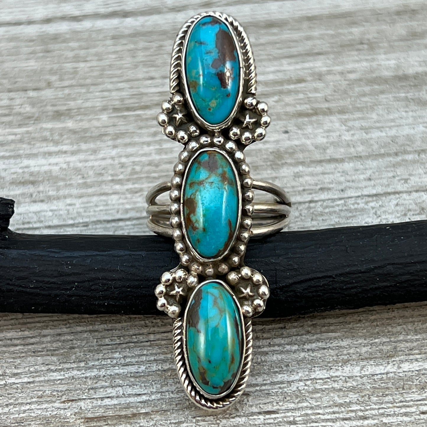 Size 10 Blue Campitos turquoise sterling silver long pointer ring Harold Becenti 492