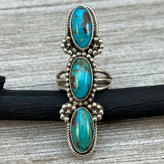 Size 10 Blue Campitos turquoise sterling silver long pointer ring Harold Becenti 492