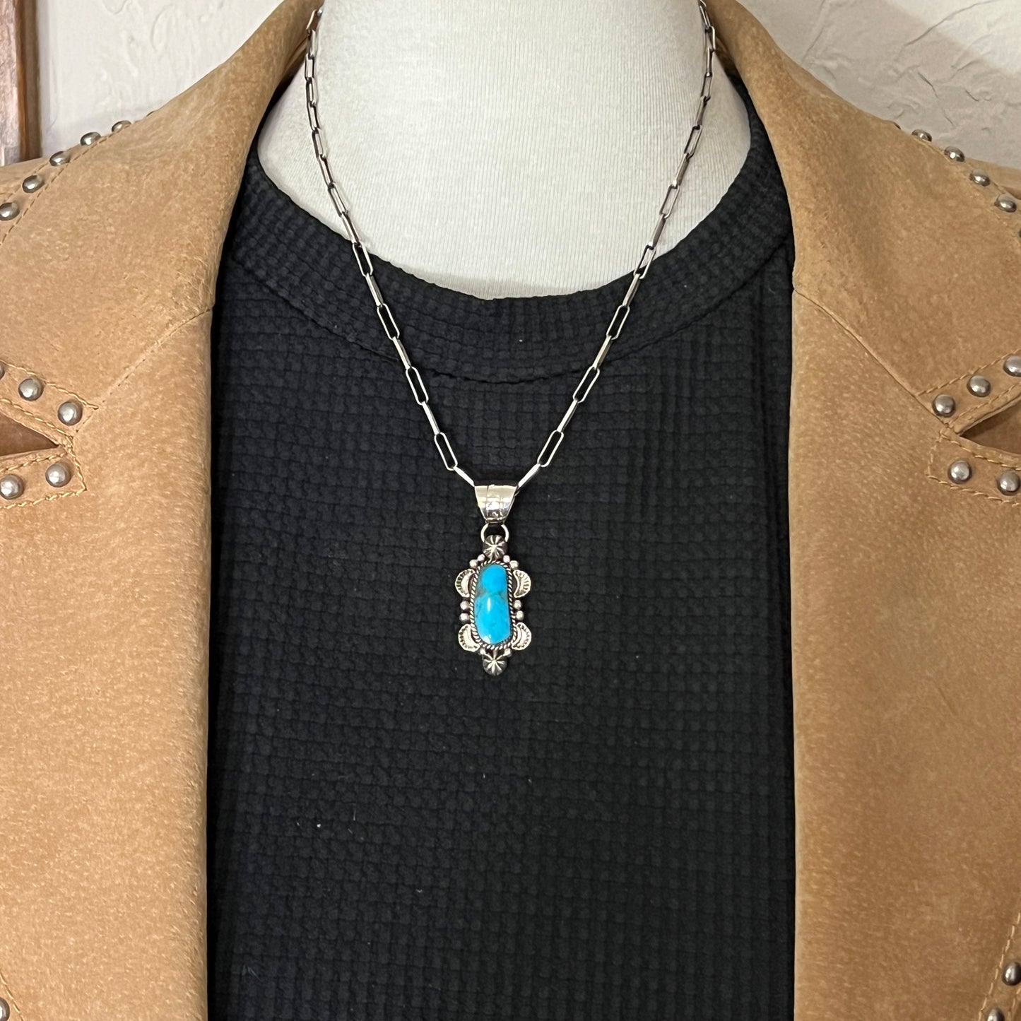 Kingman turquoise pendant sterling silver Marie Jones Navajo 813